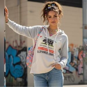 Cali Love Heritage California Republic Hoodie Small Y2K Boho Surf Graphic Grey